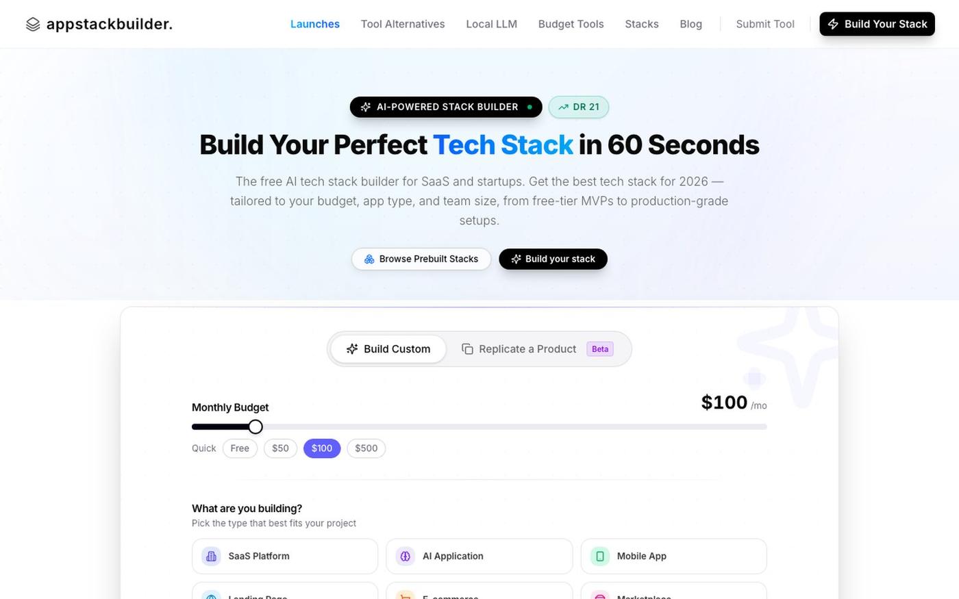 Tech Stack Builder — Best Tech Stack for SaaS in 2026 (Free AI Tool) — screenshot