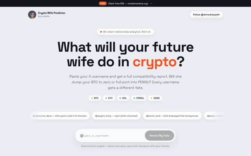 Crypto Wife Predictor — What Will Your Future Wife Do In Crypto? — screenshot