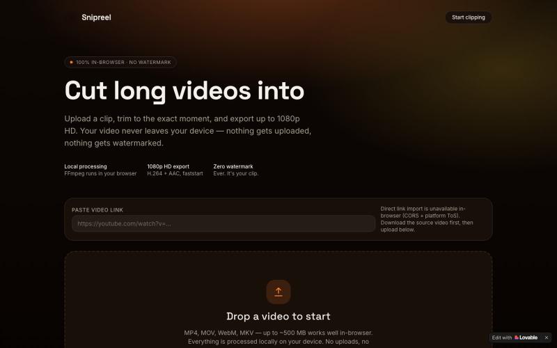 Snipreel — Cut long videos into 1080p HD shorts, in your browser — screenshot