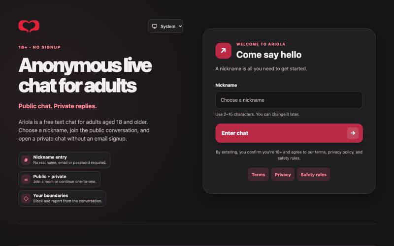 Ariola Anonymous Live Chat Without Registration — screenshot