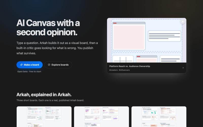 Arkah · AI Canvas with a second opinion — screenshot