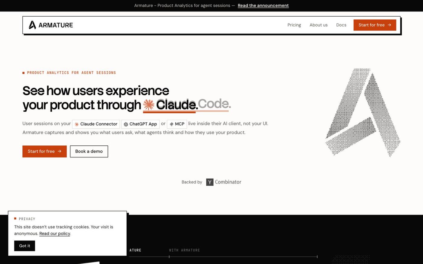 Armature · Product analytics for agent sessions — screenshot