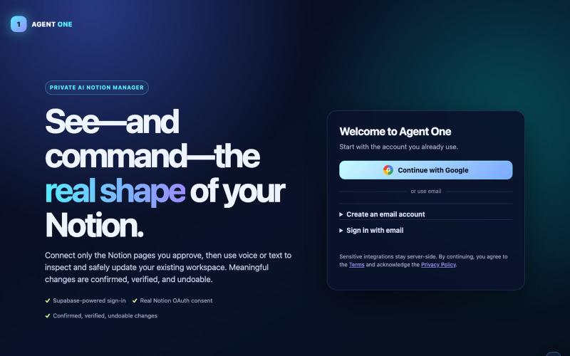 Agent One — private AI Notion manager — screenshot