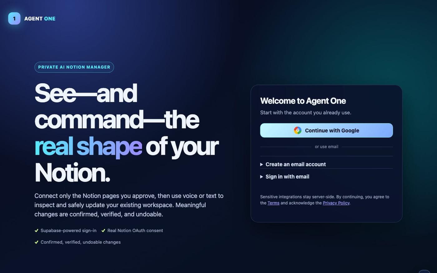Agent One — private AI Notion manager — screenshot