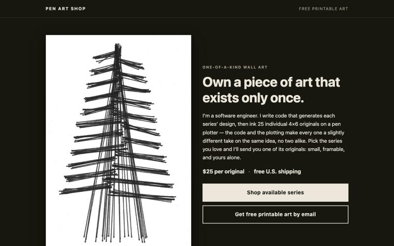 Pen Art Shop — own a one-of-a-kind pen-plotted original, $25 — screenshot