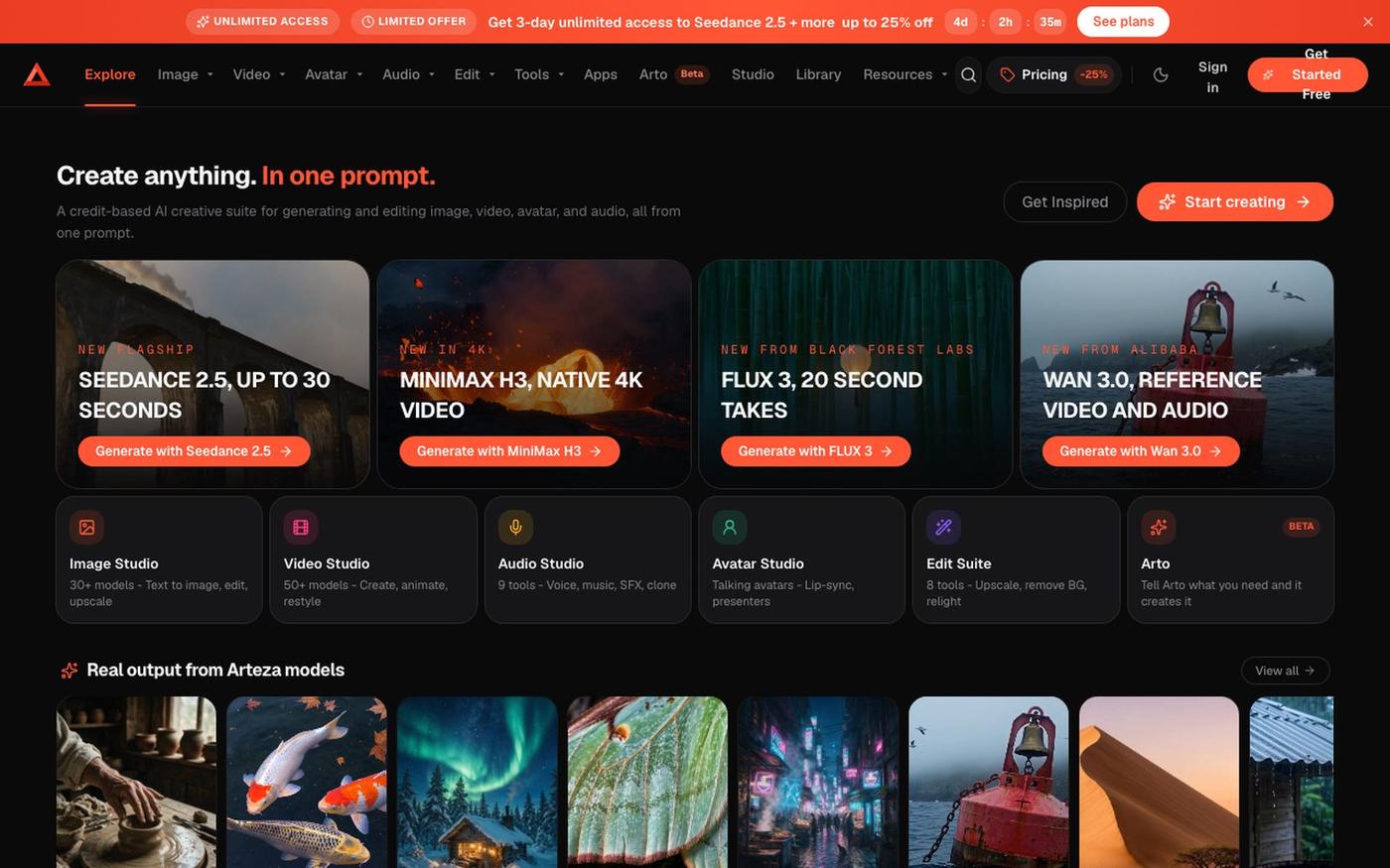 Arteza | AI Image, Video & Audio Generator — screenshot
