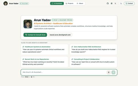 Arun Yadav • AI Systems Architect & Digital Twin — screenshot