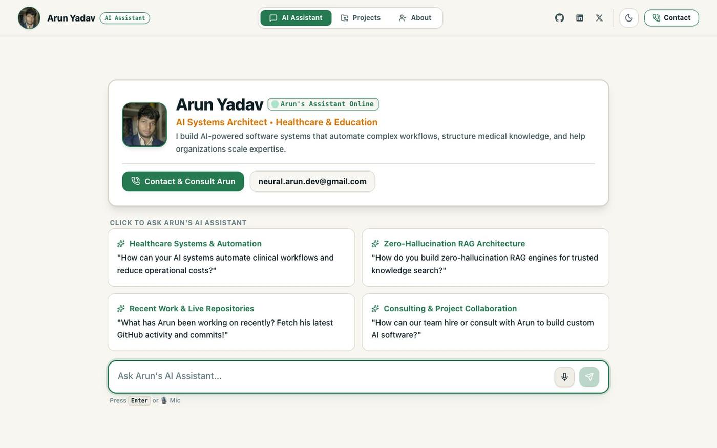 Arun Yadav • AI Systems Architect & Digital Twin — screenshot