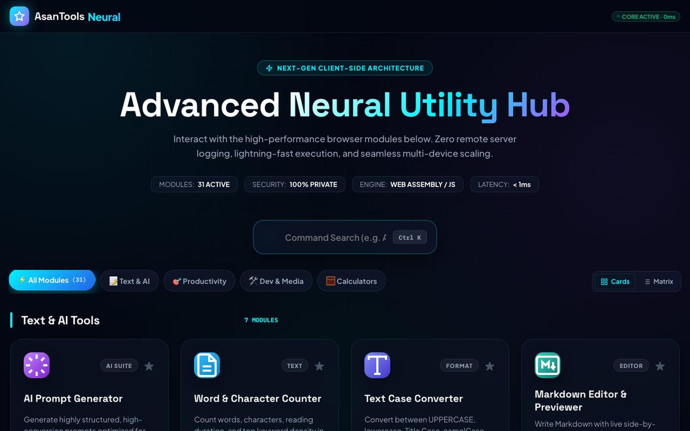 AsanTools — 31+ Next-Gen Web Utilities & Neural Hub — screenshot