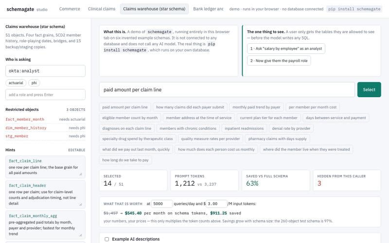 schemagate — identity-scoped schema selection for text-to-SQL — screenshot
