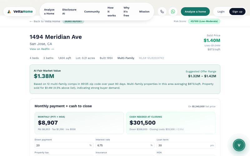AI Report: 1494 Meridian Ave, San Jose | Vetta Home Demo | Vetta Home — screenshot