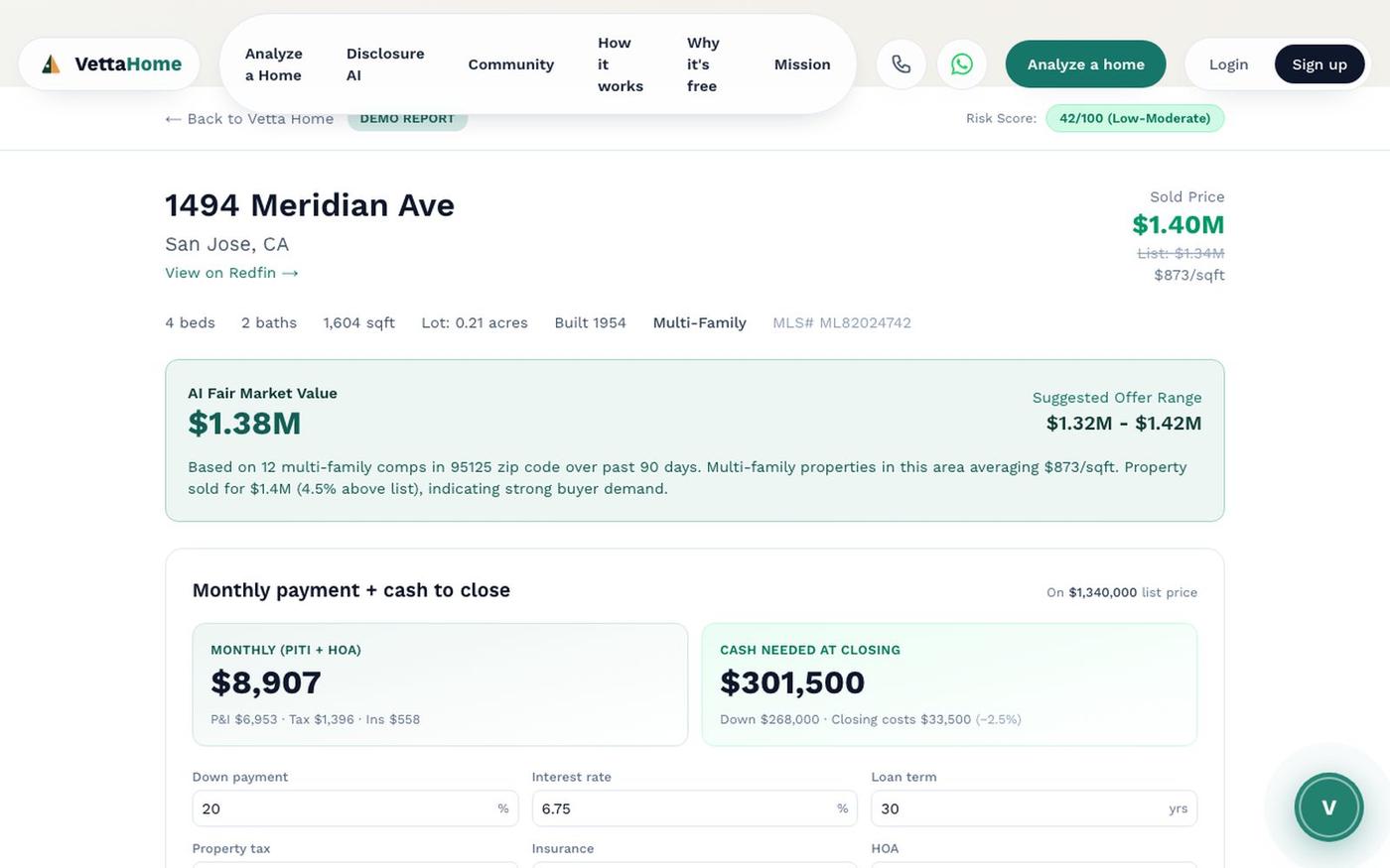 AI Report: 1494 Meridian Ave, San Jose | Vetta Home Demo | Vetta Home — screenshot