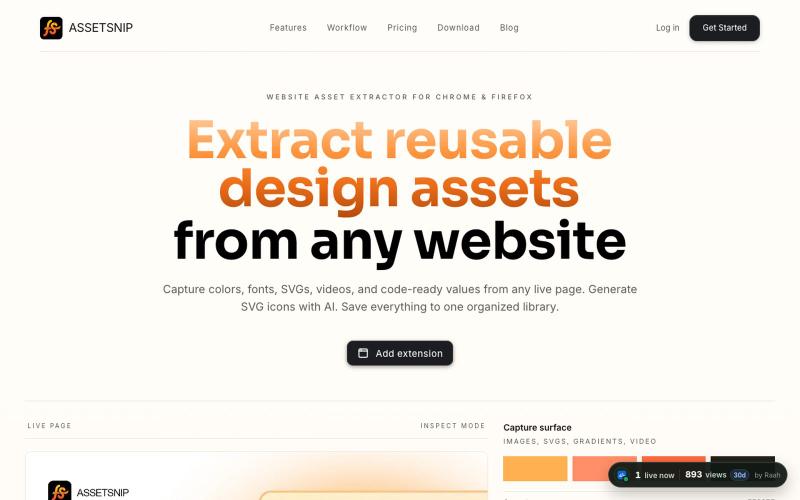 AssetSnip | Website Asset Extractor for Colors, SVGs, Fonts and Design Tokens — screenshot