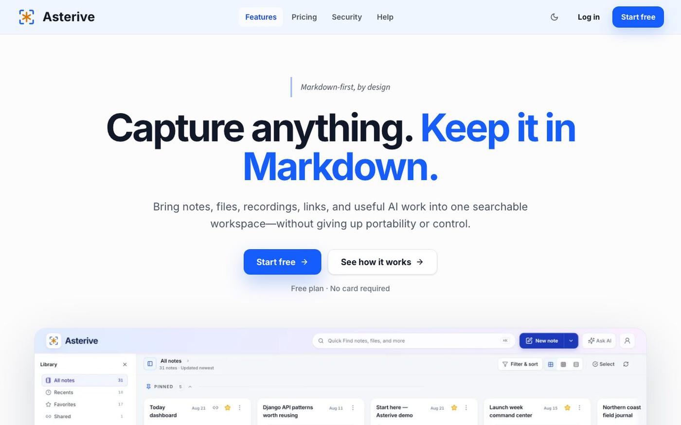 Asterive — Capture Anything. Keep It in Markdown. — screenshot