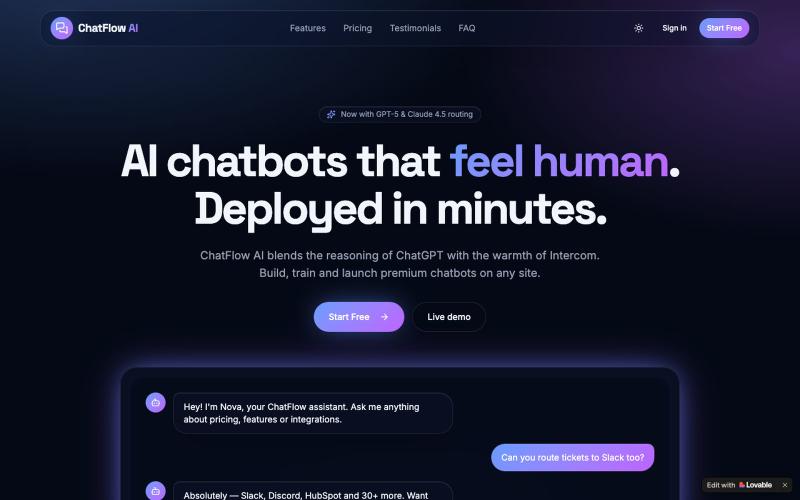 ChatFlow AI — Premium AI Chatbots for Support Teams — screenshot