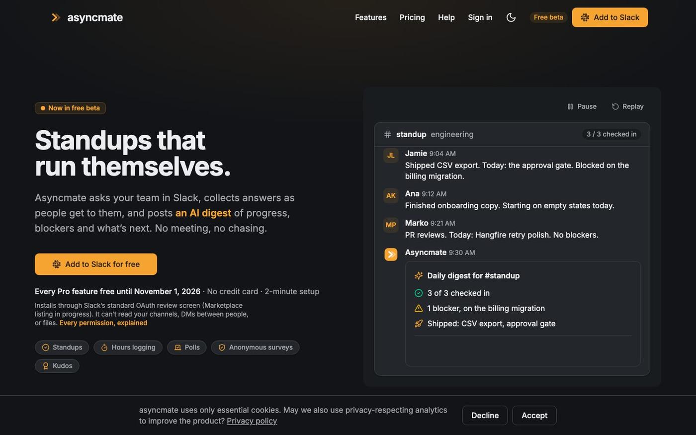 asyncmate · Async standups for Slack — screenshot