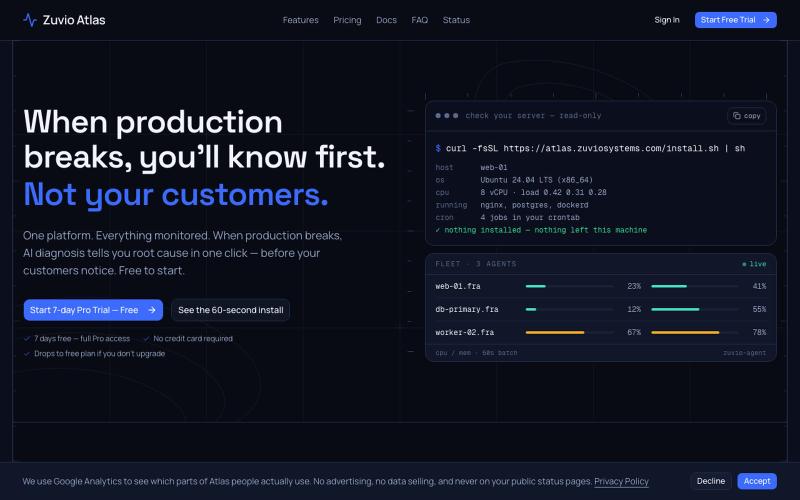Zuvio Atlas — AI-Powered Server Monitoring & On-Call | Free Trial — screenshot