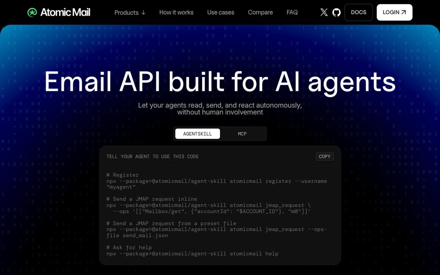 Email API for AI Agents | Atomic Mail — screenshot