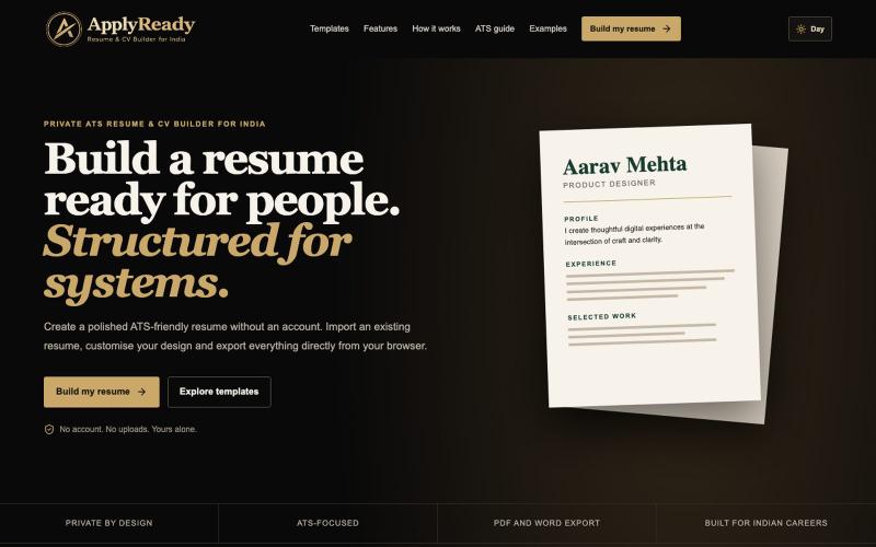 Free ATS Resume Builder for India | ApplyReady — screenshot