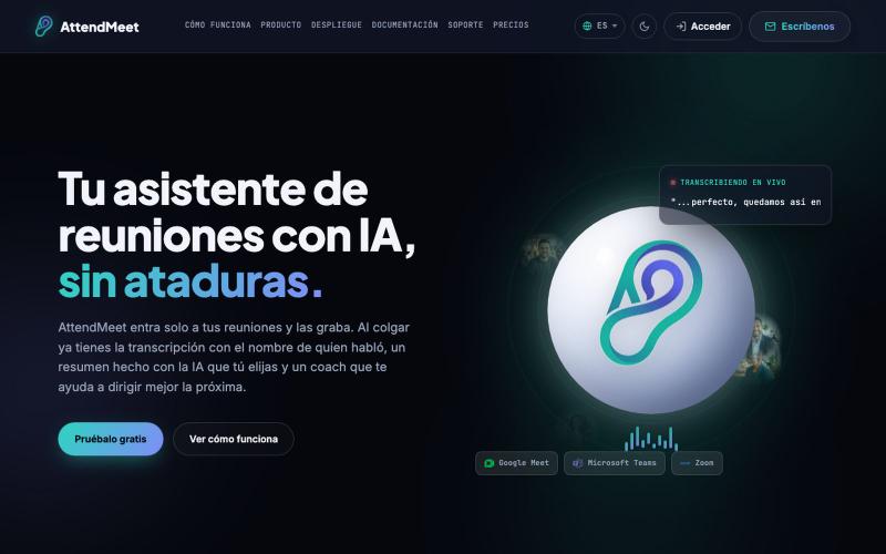 AttendMeet: tu asistente de reuniones potenciado con IA | aerstech — screenshot