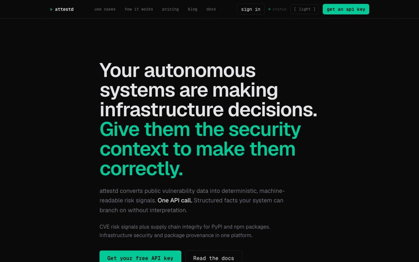 attestd | CVE API for Machine-Readable Vulnerability Risk Signals — screenshot