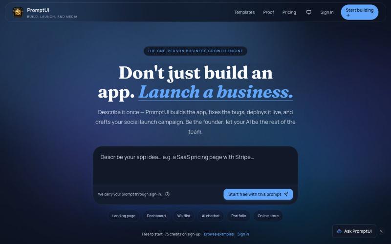 AI App Builder That Ships &amp; Markets Your App | PromptUI — screenshot