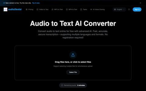 Audio to Text AI Converter | Free Online Transcription – audio2textai.com — screenshot
