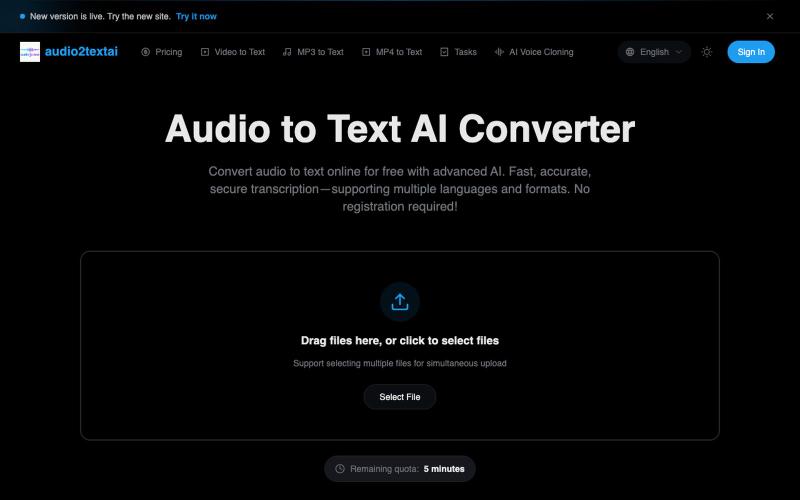 Audio to Text AI Converter | Free Online Transcription – audio2textai.com — screenshot