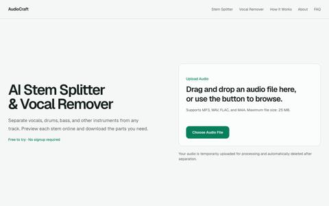 Free AI Stem Splitter & Vocal Remover Online | AudioCraft — screenshot