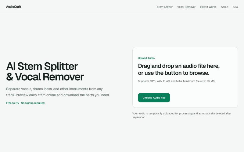 Free AI Stem Splitter & Vocal Remover Online | AudioCraft — screenshot