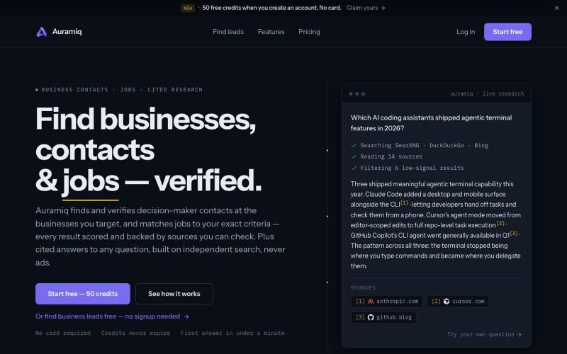Auramiq — AI research with sources you can check — screenshot