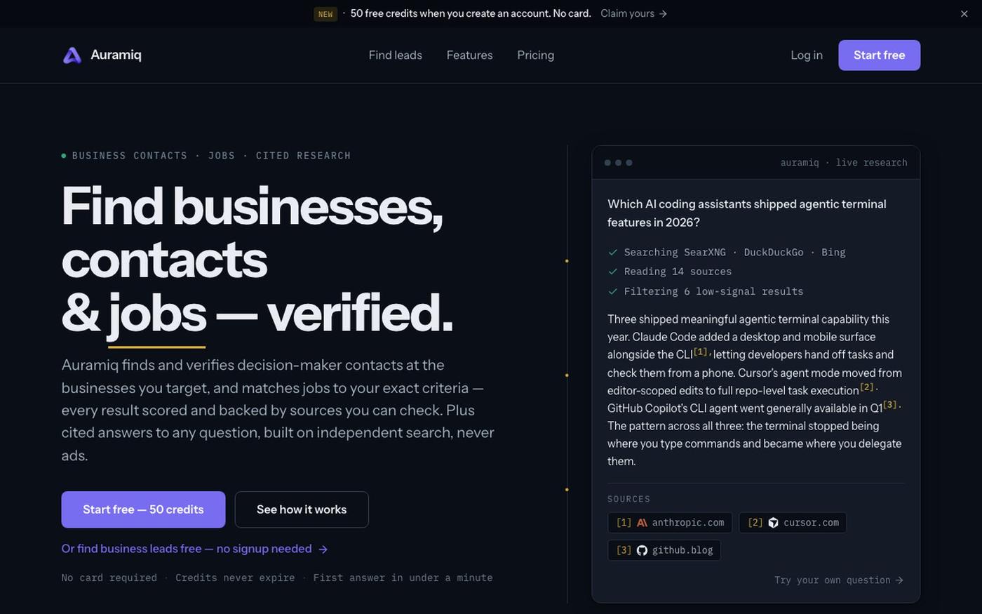 Auramiq — AI research with sources you can check — screenshot