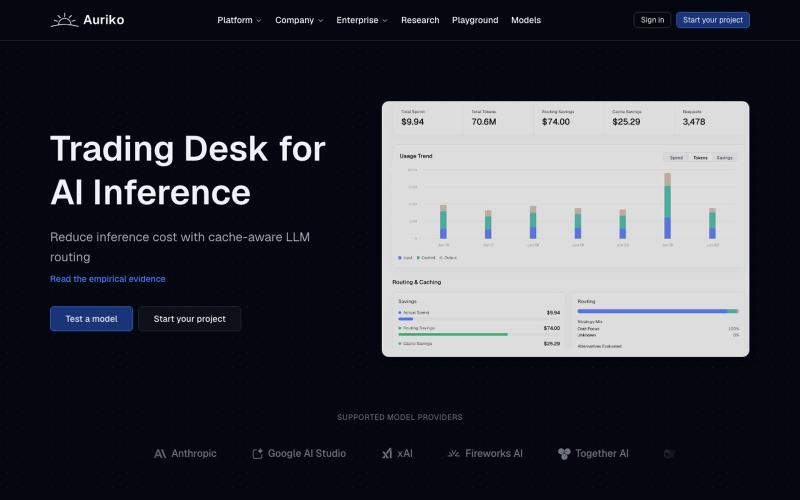 Auriko | One API for Every LLM, Zero Markup, Cache-Aware Cost Arbitrage — screenshot