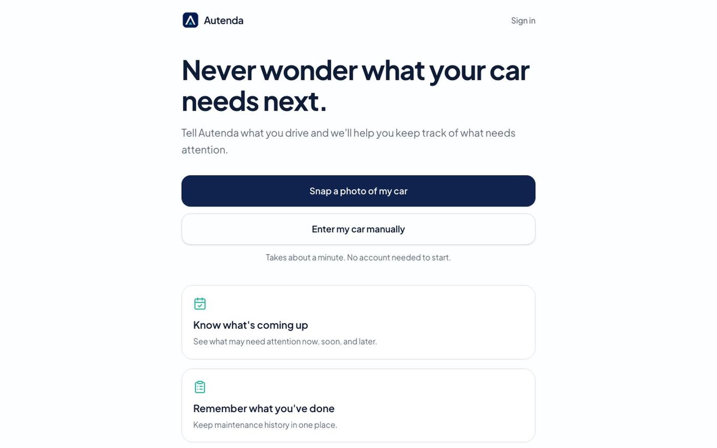 Autenda — never wonder what your car needs next — screenshot