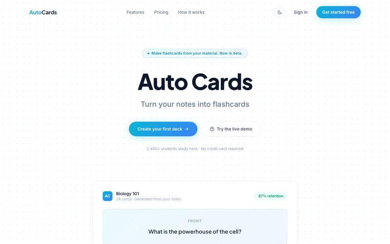 Auto Cards: Turn your notes into flashcards — screenshot