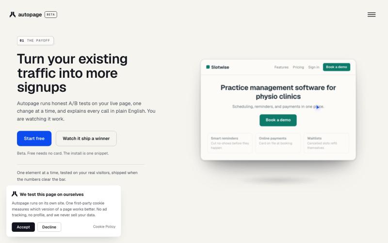 Autopage: more signups from the traffic you already have — screenshot