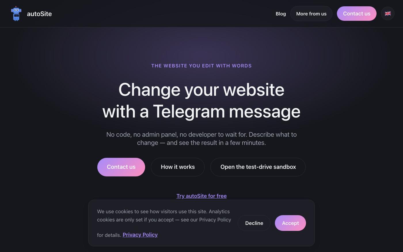 autoSite — the website you edit with a Telegram message — screenshot