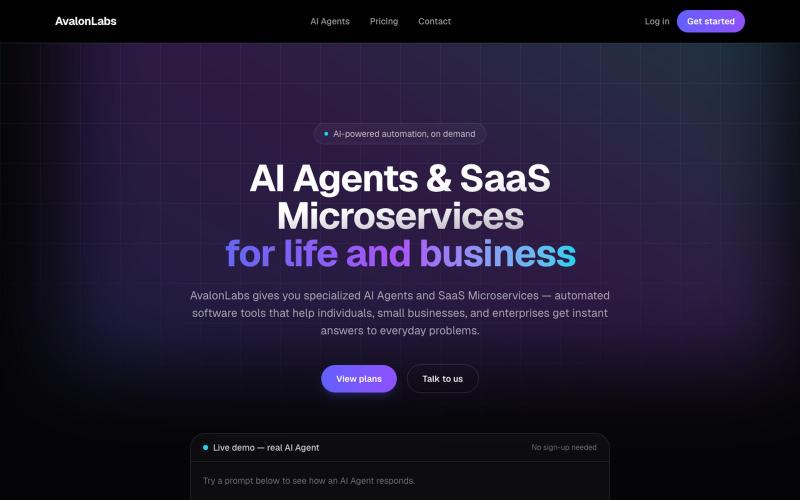 AvalonLabs Platform — AI Agents & SaaS Microservices — screenshot