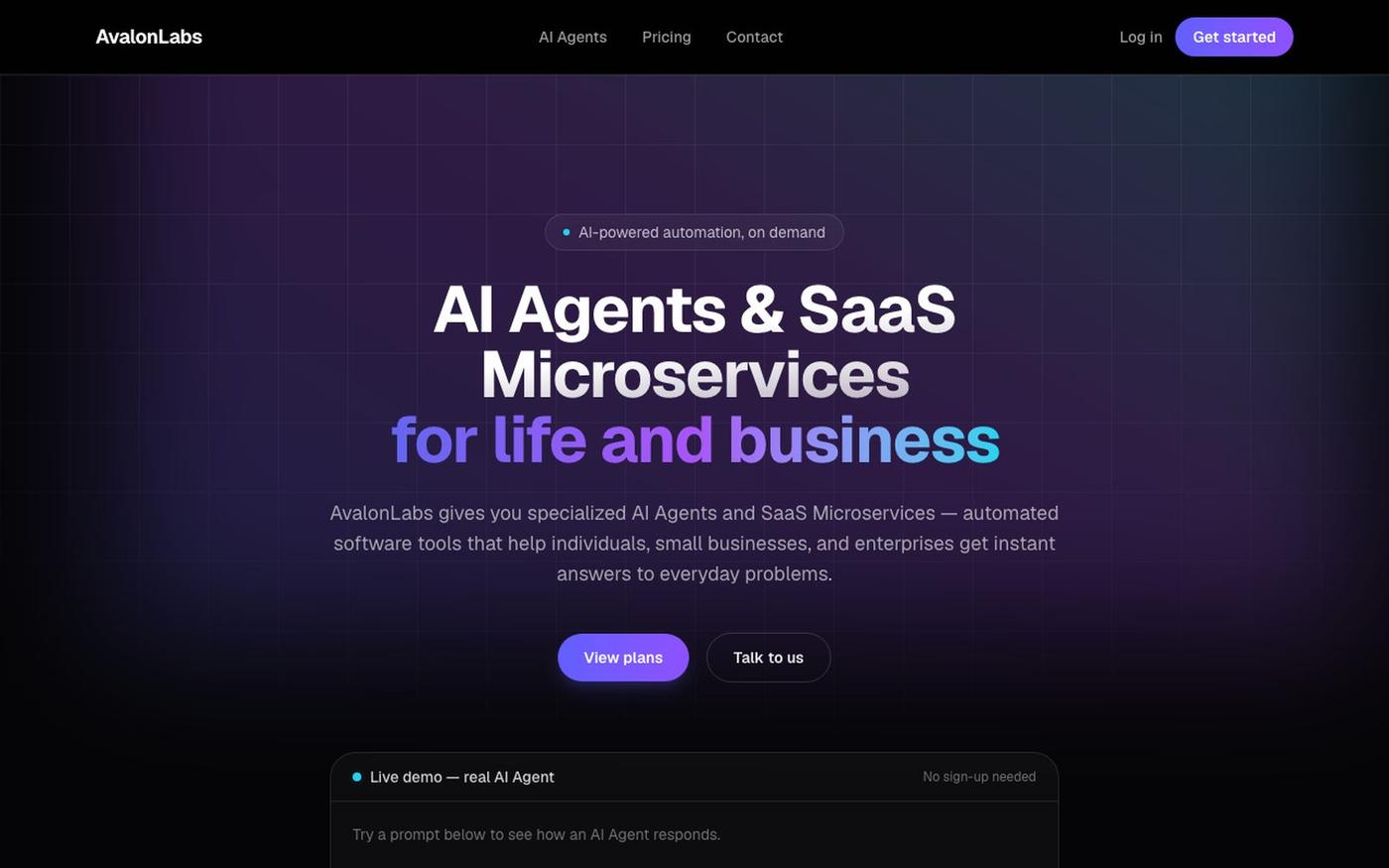 AvalonLabs Platform — AI Agents & SaaS Microservices — screenshot