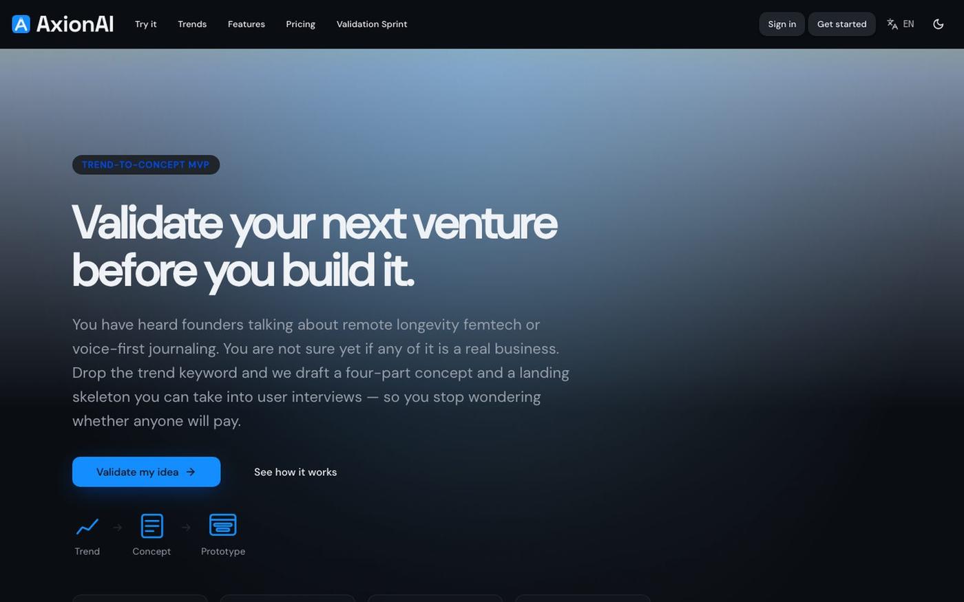 AxionAI - Turn a trend keyword into a validated concept — screenshot