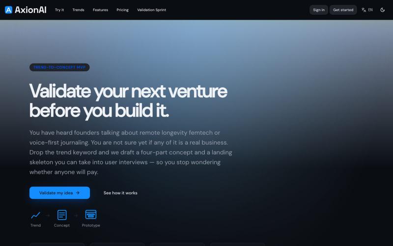 AxionAI - Turn a trend keyword into a validated concept — screenshot