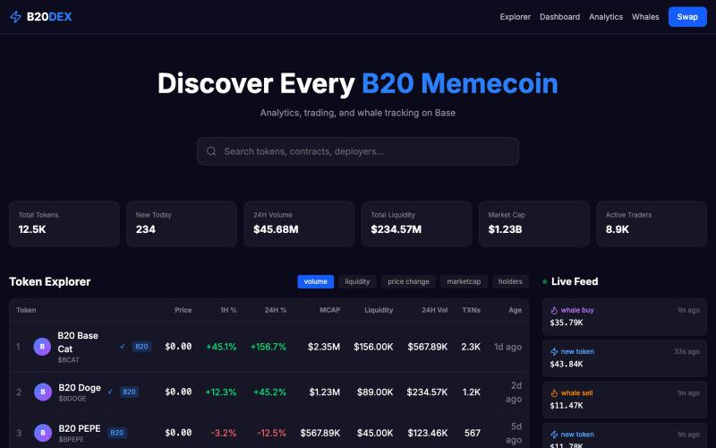 B20DEX — Native B20 Memecoin DEX & Analytics — screenshot