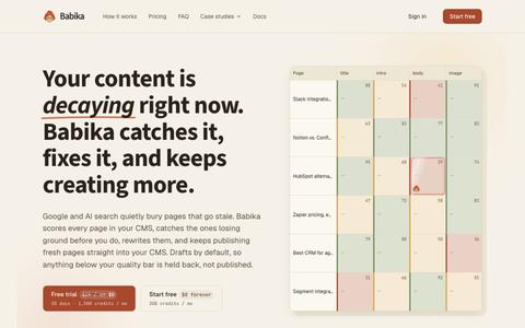 Babika: your CMS as a spreadsheet. Agents fix the weak cells — screenshot