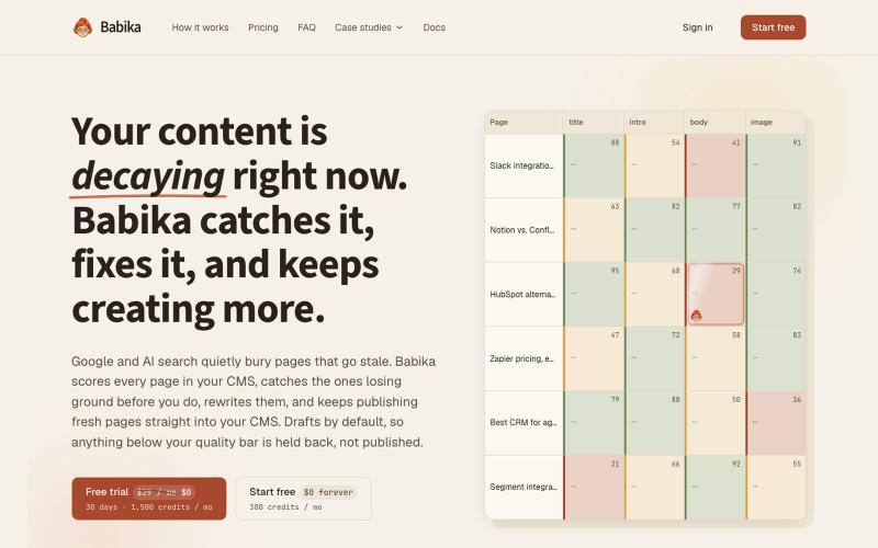 Babika: your CMS as a spreadsheet. Agents fix the weak cells — screenshot