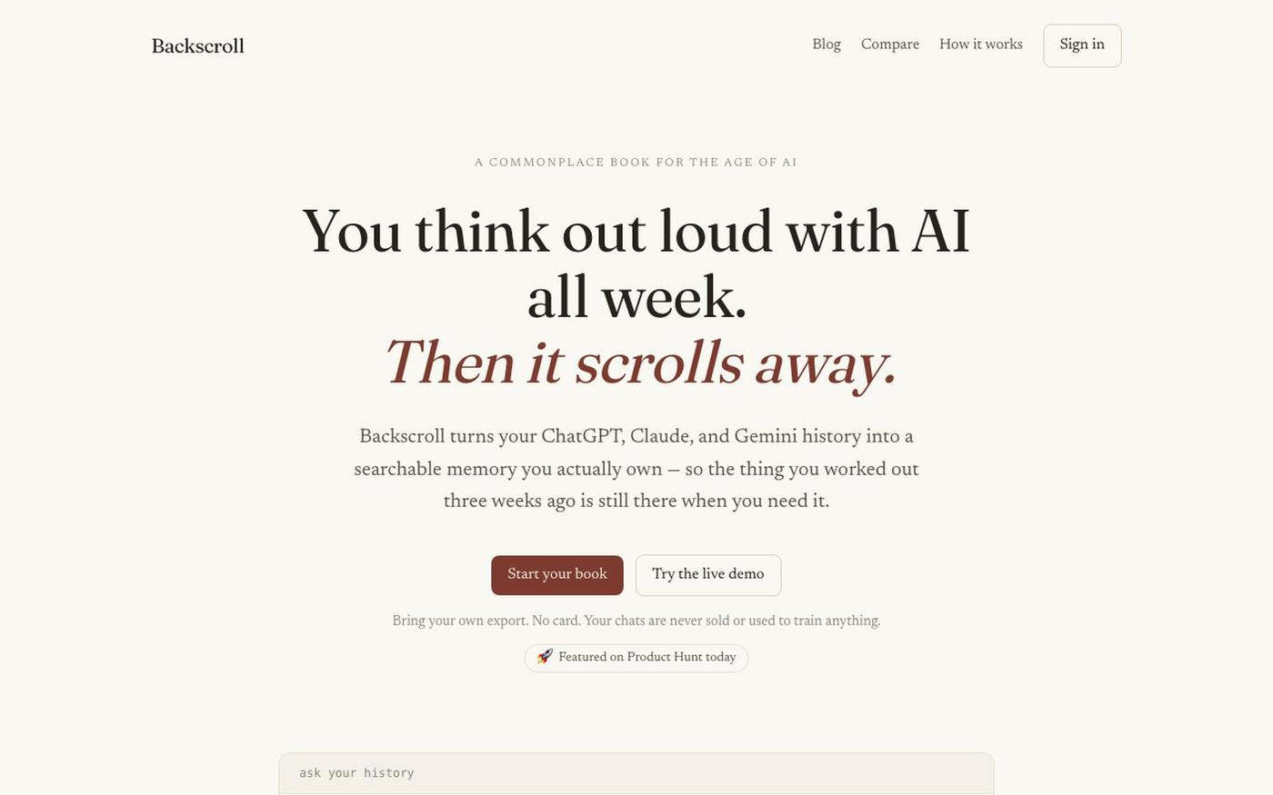 Search Your AI Chat History — ChatGPT, Claude, Gemini | Backscroll — screenshot