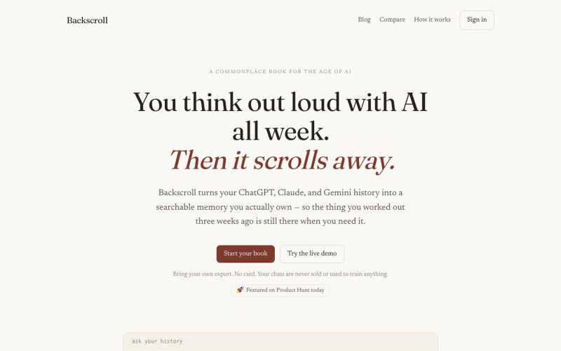 Search Your AI Chat History — ChatGPT, Claude, Gemini | Backscroll — screenshot