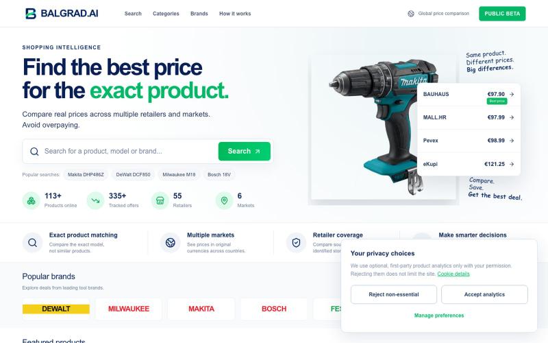 BALGRAD.AI — Compare exact product prices across retailers — screenshot