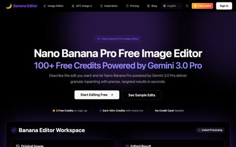 Free AI Image Editor - Nano Banana Pro with Gemini 3.0 Pro | 100 Free Credits — screenshot