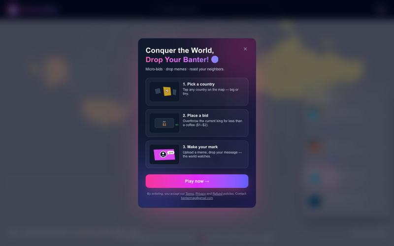 BanterMap · Claim a Country, Leave Your Mark — screenshot