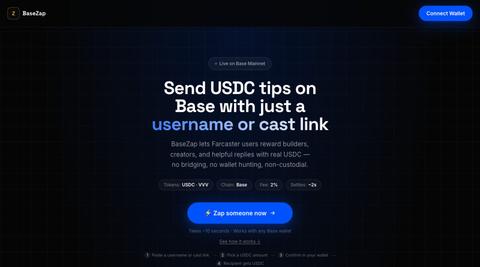 BaseZap — Real USDC Tips on Base — screenshot